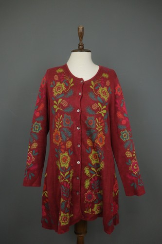 GUDRUN SJODEN Multi Floral Linen Long Sleeve Button Front Cardigan Sweater Sz M
