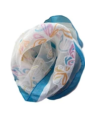 Vintage 70s Sheer Butterfly Square Scarf Light White Blue Neck Wrap Blue White