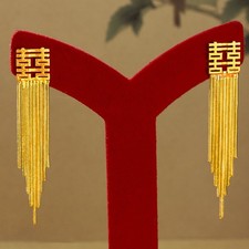 Long style Double Happiness fringe 24K THAI BAHT YELLOW GP GOLD Earrings
