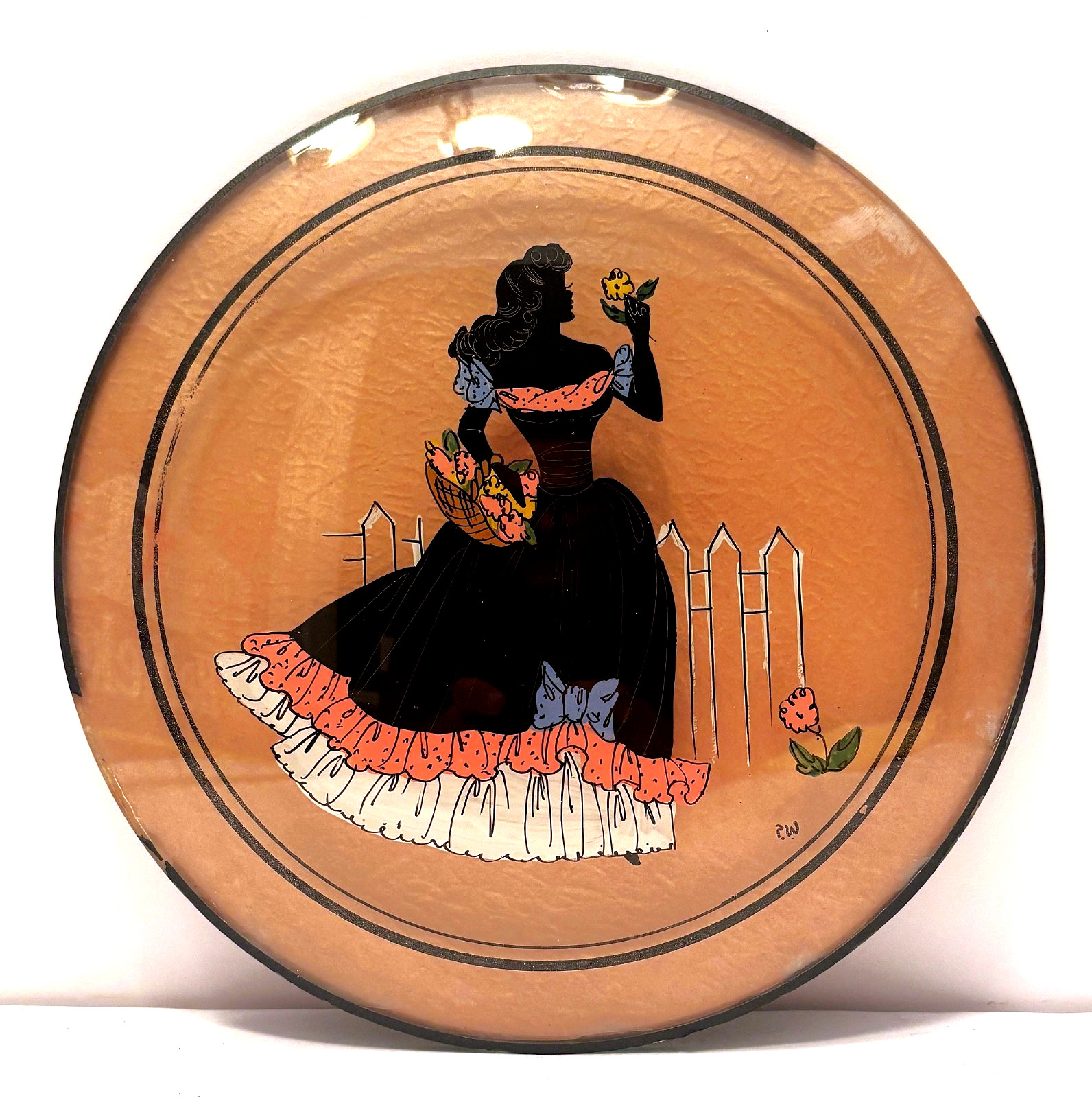 1930’s Painted Silhouette on Convex Glass Multi-Colored Woman Holding Flowers