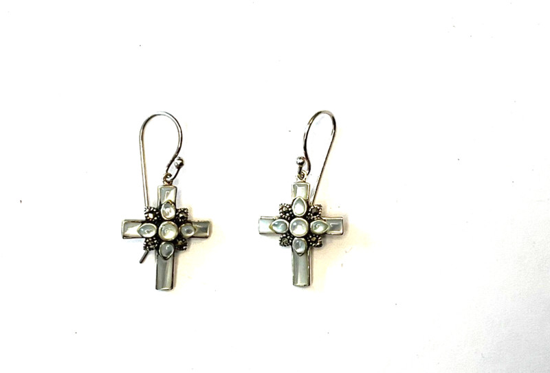 Sterling VTG NF Sea Opal Cross Dangle Earrings .75" L