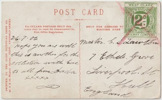 Ireland Fascinating Cover 1906 West Clare Sole Railway Postage Stamp (J16)
