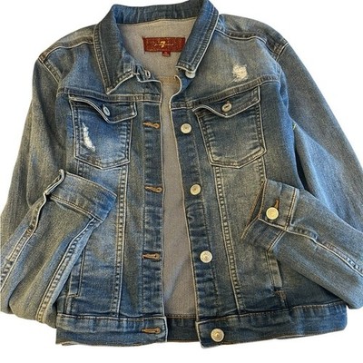 7 For All Mankind Girls XL Distressed Denim Trucker Jean Jacket Flap Pockets