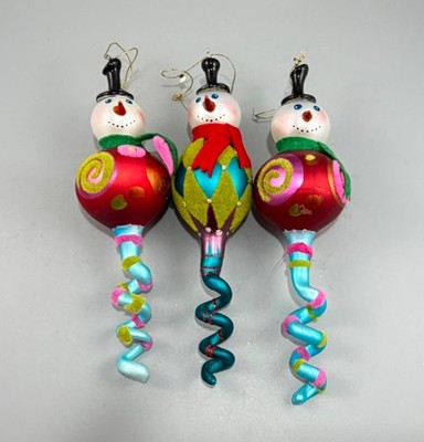 Whimsical Blown Glass Felted Snowman Spiral Christmas Ornaments 8'' Tall Set of 3