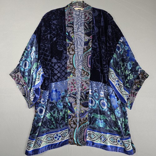 Kimono cardigan boho in velluto burnout blu morbido contorni aperto davanti taglia S/M - Foto 1 di 16