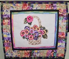Handmade Pansies in Basket Floral Quilt Wall Hanging. Rainbow Back. 15x15".