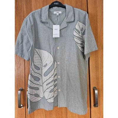 Marks & Spencer Light Green/Grey Leaf Print Relaxed Summer Shirt - Medium