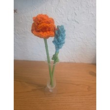 Handmade Crochet Flower Bouquet Orange Rose Blue Lavender Cottagecore Decor 2pc