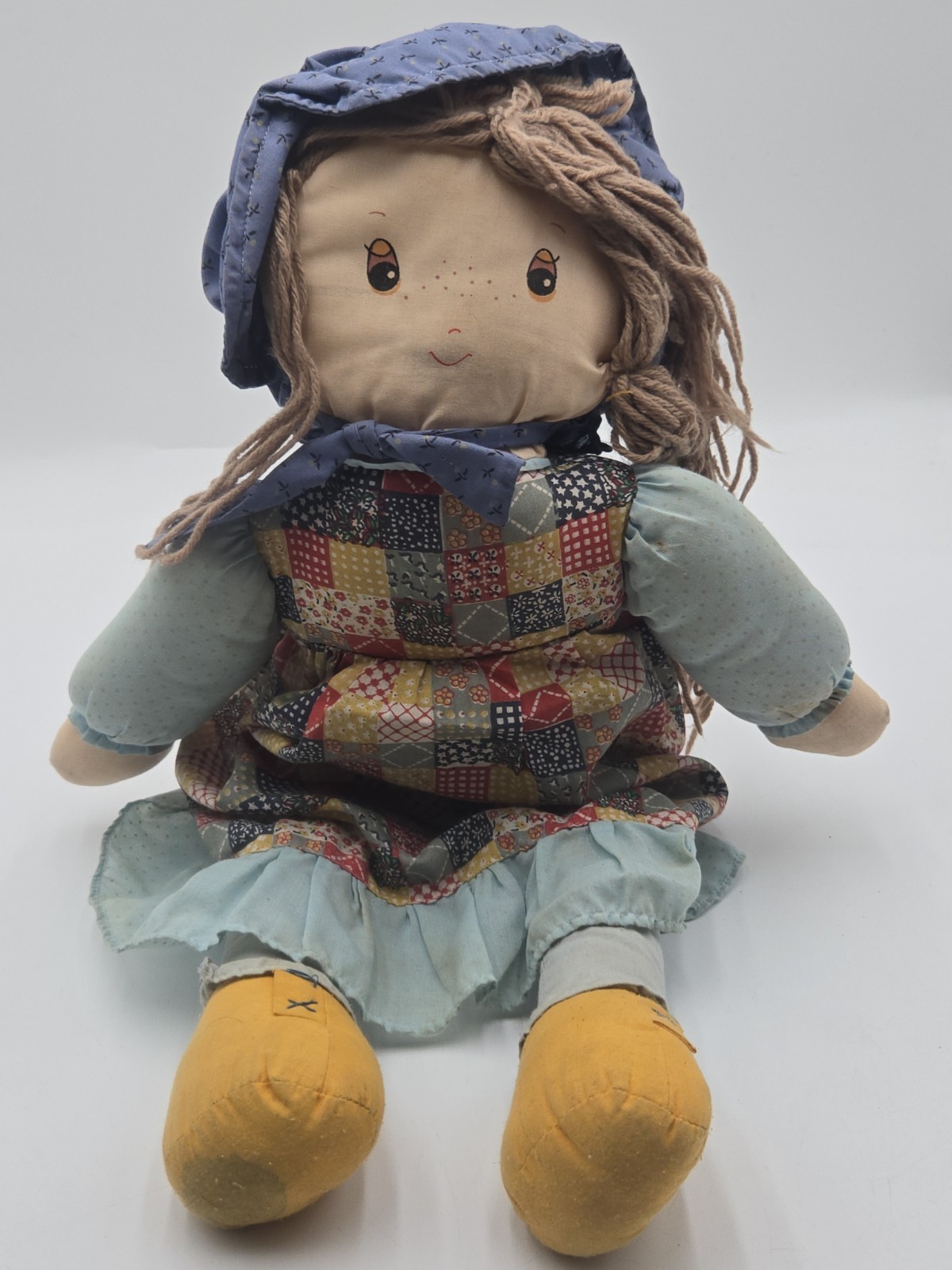 Vintage Cuddle Wit Rag Doll Plush Cloth Doll Patchwork Dress Yarn Hair Bonnet...