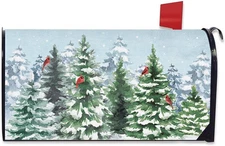 Winter Pine Trees Mailbox Cover Magnetic Standard Size 20.5" X 18", Snowy Forest