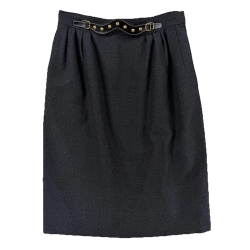 Hermes Skirt Womens 44 Gray Wool High Waist Belted Pencil France Paris Designer