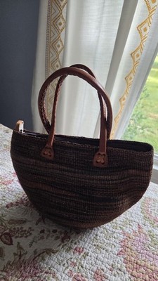 Vintage Woven Sisal Market Tote Bucket Bag Leather Straps Round Striped Boho