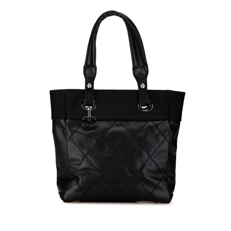 CHANEL Paris Biarritz PM Tote Shoulder Bag in Black Leather Canvas A34208