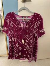 Johnny Was Velour, Tassel Tie, Short Sleeve, Mulberry