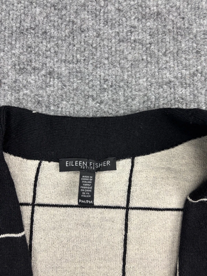 Eileen Fisher Wool Sweater Women's PM Black White Check Windowpane Open Cardigan - Image 2 of 4