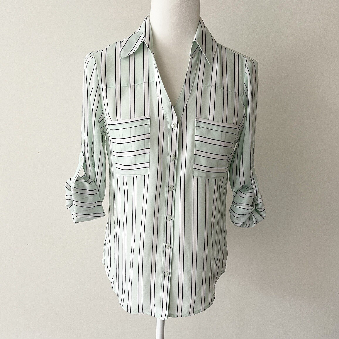 Express | Mint Striped Button Down Roll Tab Porto… - image 8