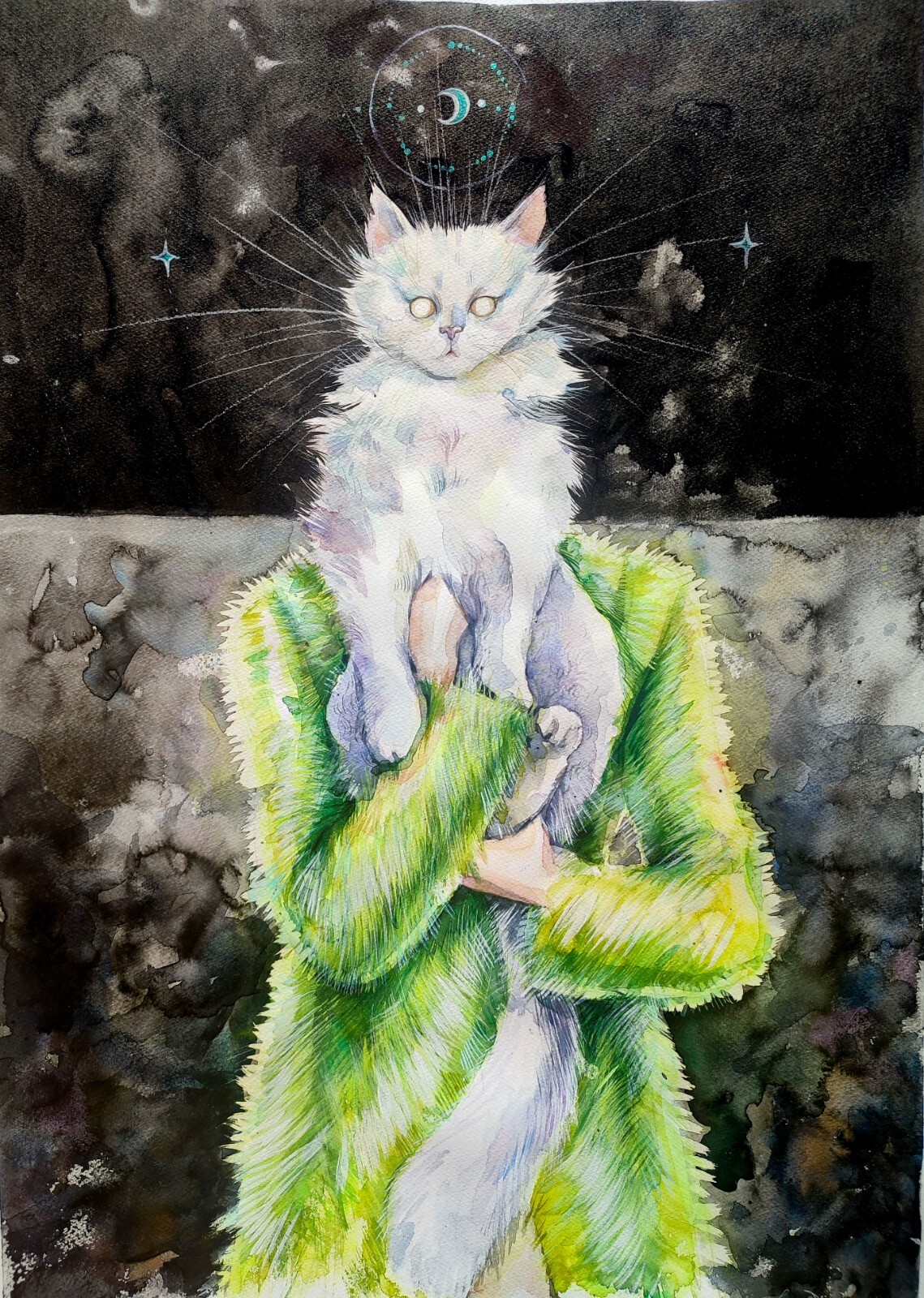 Original Watercolor Painting Cat Painting Dark Fantasy Wall Art