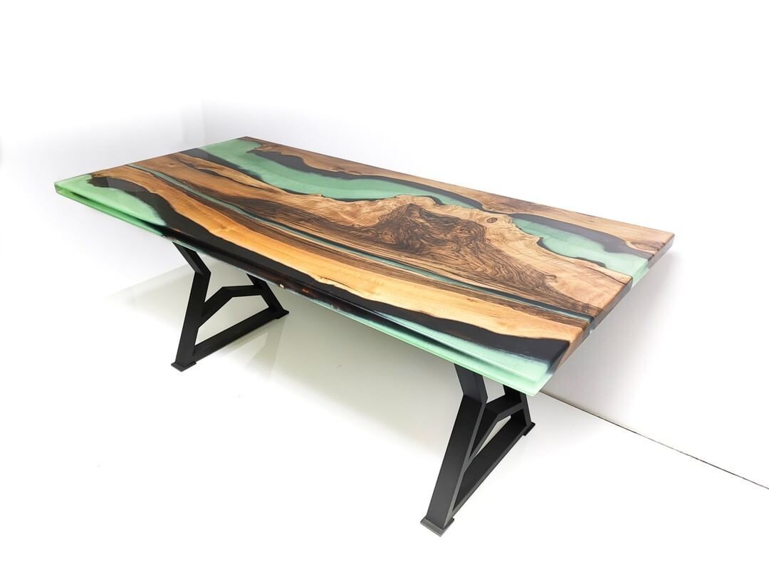 Custom Green Epoxy River Table Top – Walnut Wood Epoxy Dining Table – Handmade a-image