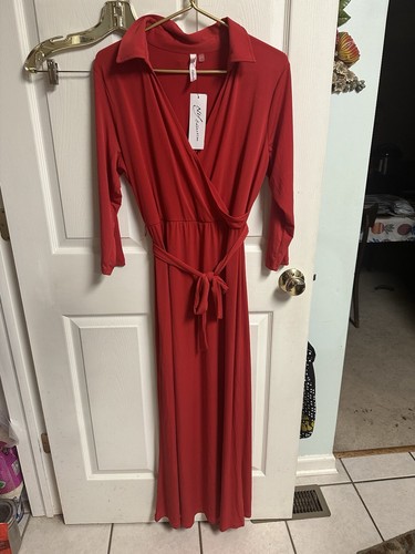 NY Collection Women's Empire Maxi Dress Cherry Red Low Cut Large Stretch