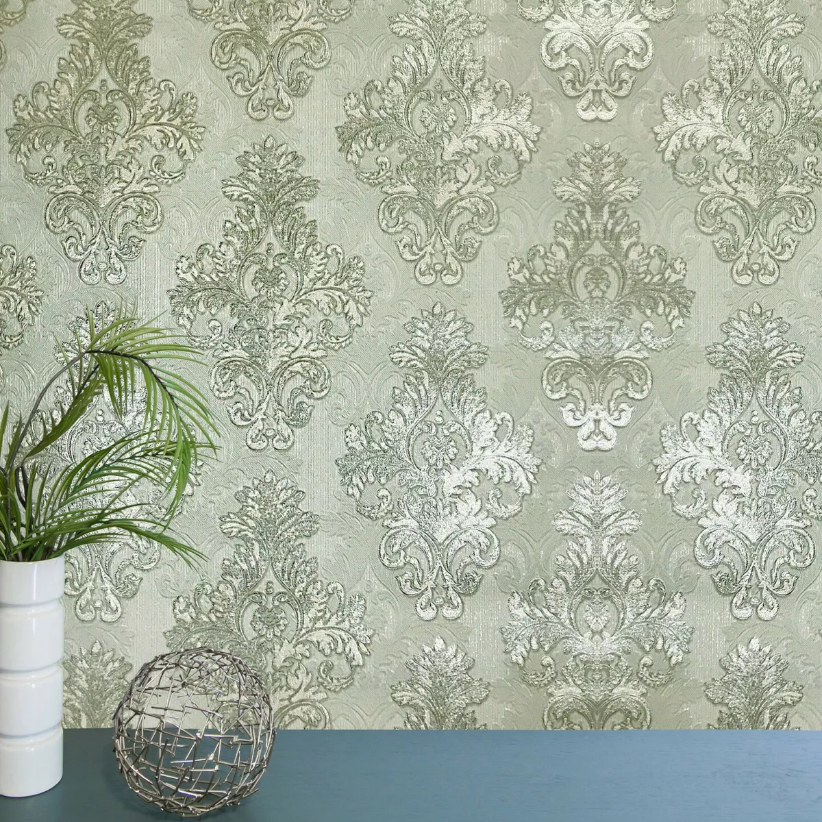 Vintage paper Wallpaper damask gray green metallic cream textured double roll 3D