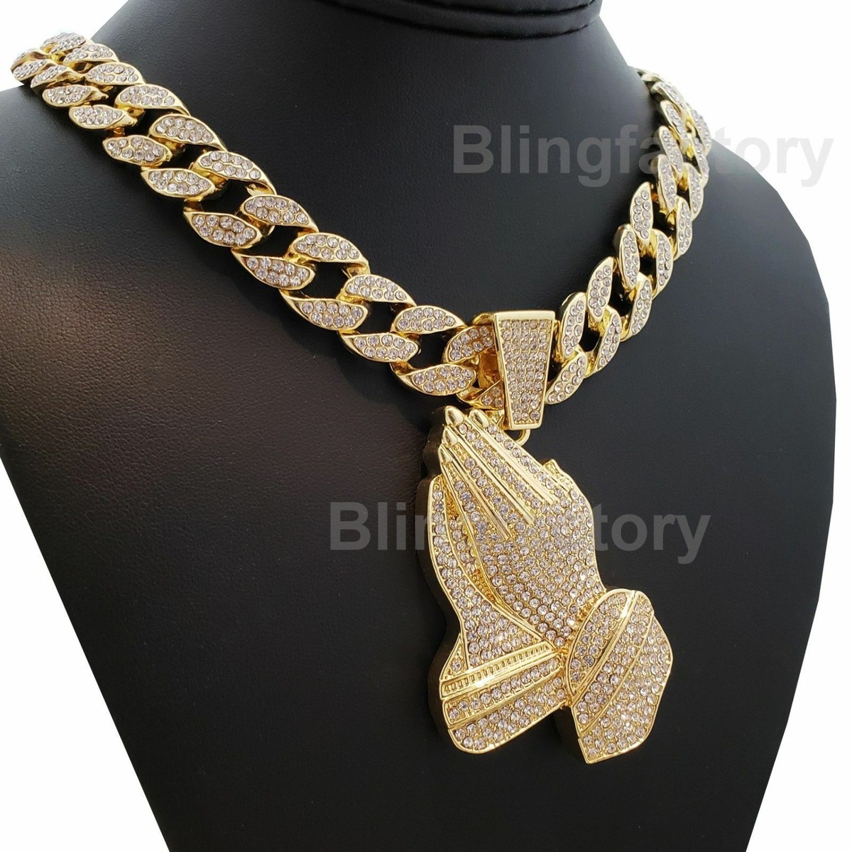 Hip Hop Silver Tone Iced Prayer'S Hands Cz Pendant & 24" Rope Chain