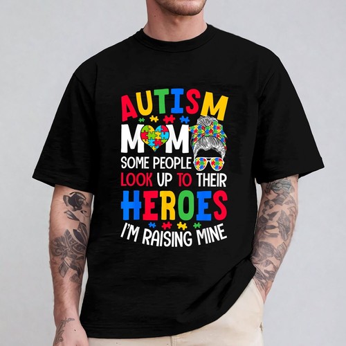 Autism Mom Raising Hero Groovy Messy Bun Autism Awareness Unisex T-Shirt - Picture 5 of 23