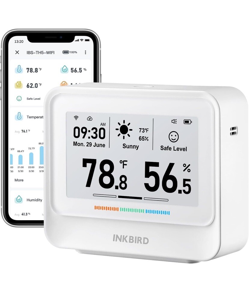 WiFi Thermometer Hygrometer 9-in-1 with Remote Monitoring & White Display