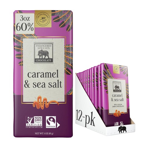 Endangered Species Organic Dark Chocolate Bar, Caramel & Sea Salt 3oz Pack of 12