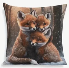 FOX Cubs Winter Christmas Double Sided Throw Pillow Cover Holiday Home Decor 18”
