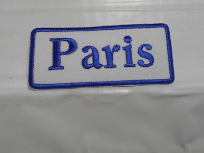 PARIS NEW EMBROIDERED  SEW / IRON ON NAME PATCH BLUE ON WHITE 1-1/2t X 3-1/2w