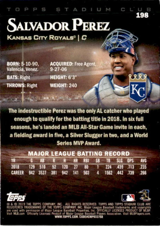 2019 Topps Stadium Club Black Foil #198 SALVADOR PEREZ  Kansas City Royals  - Image 2 of 2