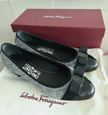 Salvatore Ferragamo Vara Bow Pumps - Silver Glitter Black Patent, 8.5 C New