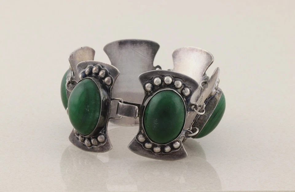 Pulseira grande de prata esterlina com elos de malaquita vintage México 6 3/4" polegadas - Imagem 4 de 4