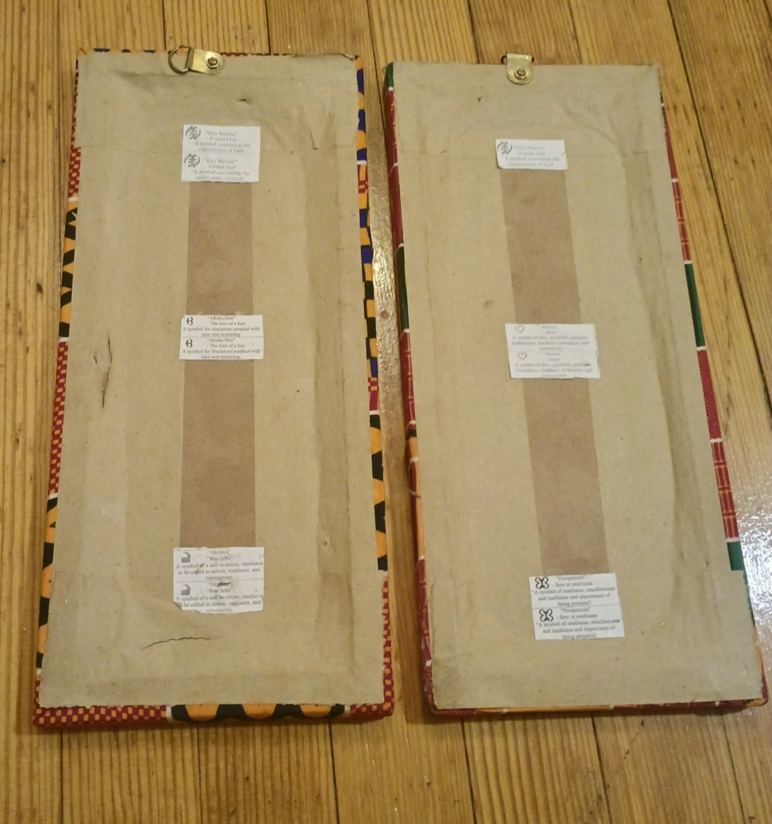 Vtg PAIR Hand carved Kente African Ghana Adinkra Symbols Decor Fabric Frames