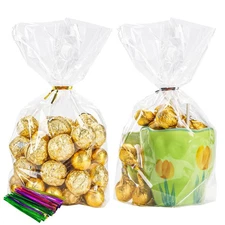 50 Pack 6x9x2.4 Flat Bottom Cellophane Treat Bags, 50 Twist Ties, Candy
