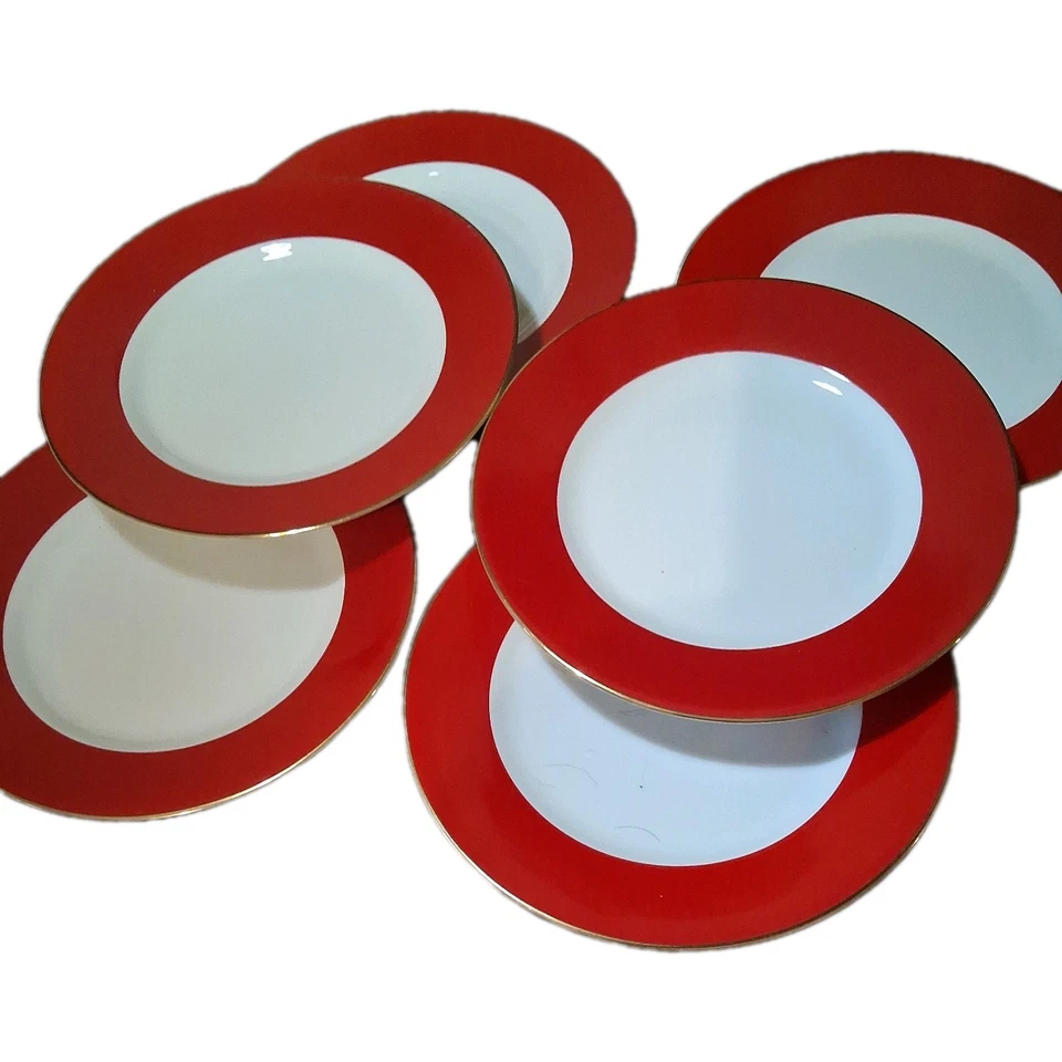 lot of 6 Crate and Barrel Red Band Salad Plate Gold Trim set of 6 - Image 2 of 4