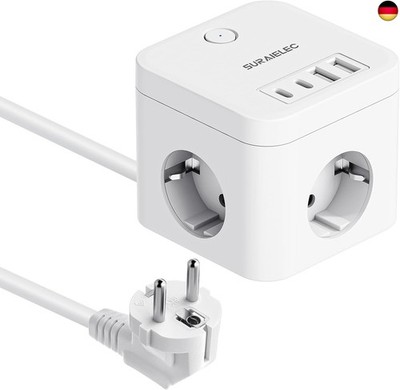 SURAIELEC Steckdosenwürfel mit Kabel 3m, 3 Fach Mehrfachsteckdose mit 4 USB (2 