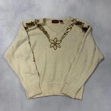 Vintage Knitted Jumper Embroidered Flower Patterned Knit Sweater, 62 Silk