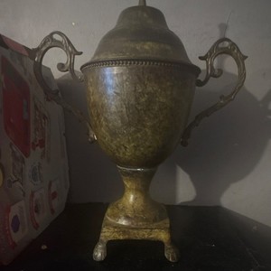 Metal Urn with Lid, Gold Color, Antique Finish, Trophy Style with Handles