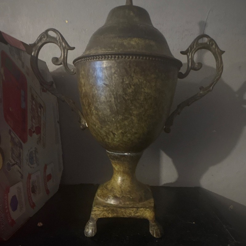 Metal Urn with Lid, Gold Color, Antique Finish, Trophy Style with Handles