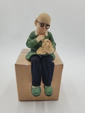 Grandfather Shelf Sitter Petting A Dog Dangle Legs Figurine (Bald, Glasses)