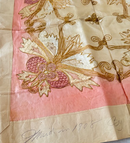Antique Ornately Hand Embroidered Silk Square Textile Dated 1908 DF 122 - Picture 2 of 13