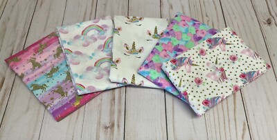 Fabric FQ Fat Quarter Set 5 Unicorn Rainbow Heart Gold Metallic Pink 100% Cotton