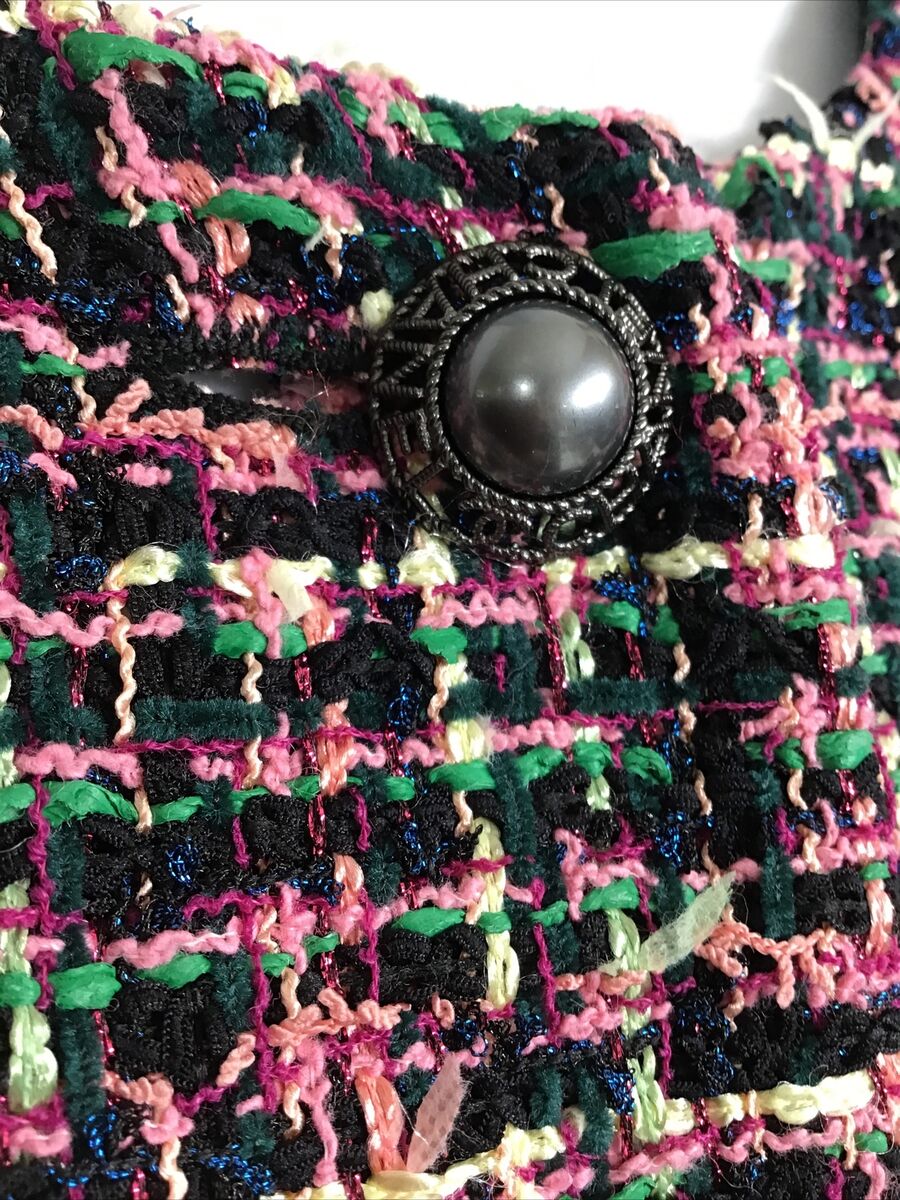 Chanel Jacket Pink Black Green Tweed Sparkle Threads Silver Chanel Jacket Pink Black Green Tweed Sparkle Threads Silver