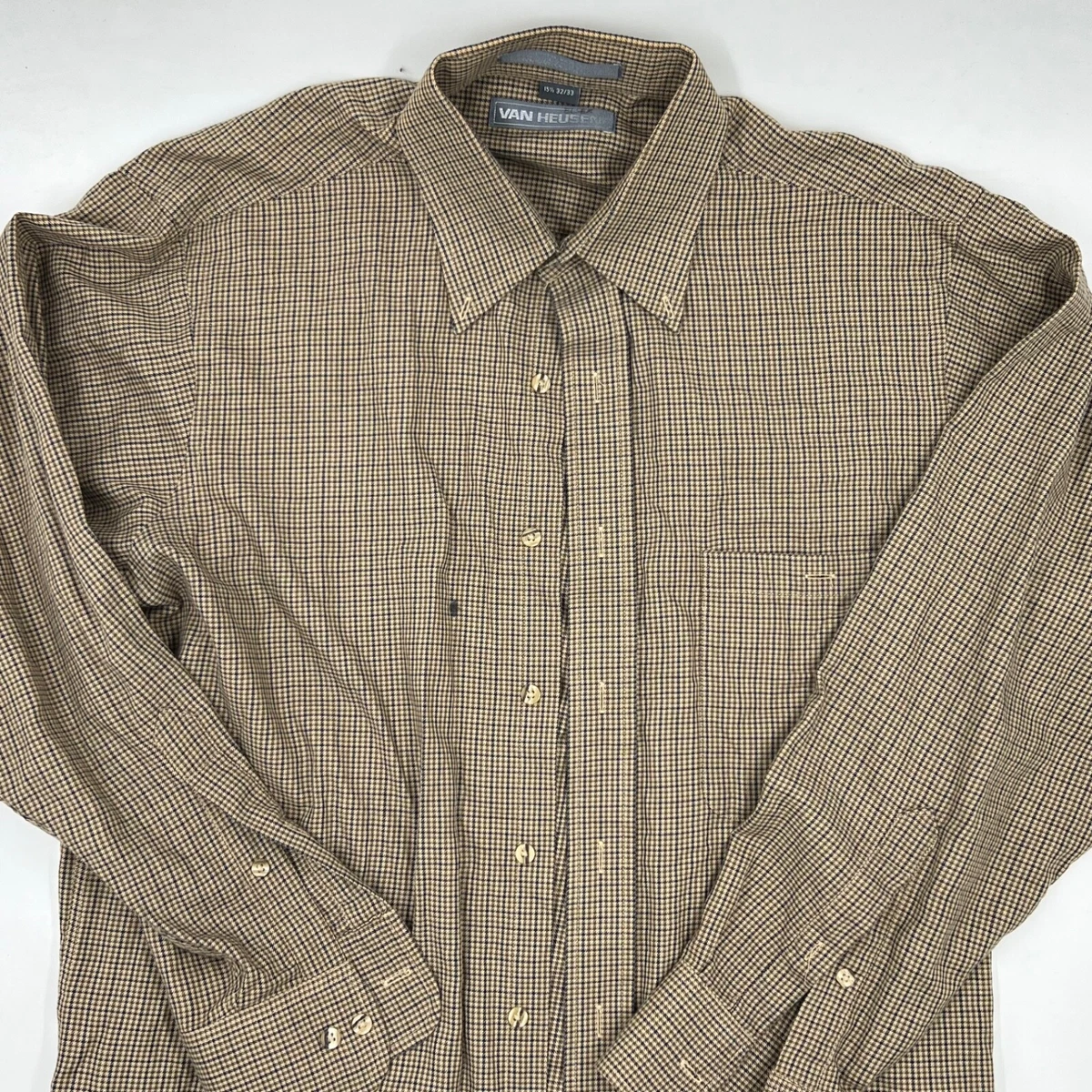 Van Heusen Mens Long Sleeve Dress Shirt Size 15.5 Tan Checkered