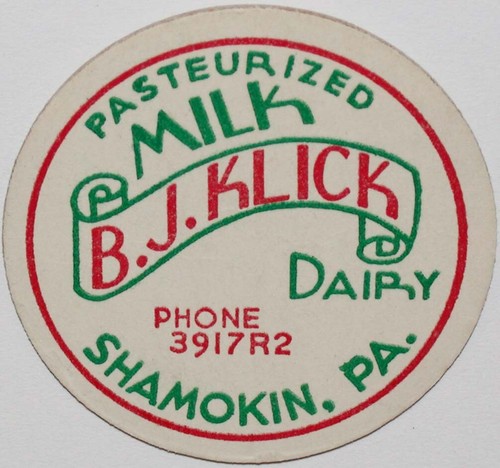 Vintage milk bottle cap B J KLICK DAIRY Phone 3917R2 Shamokin Pennsylvania unusd