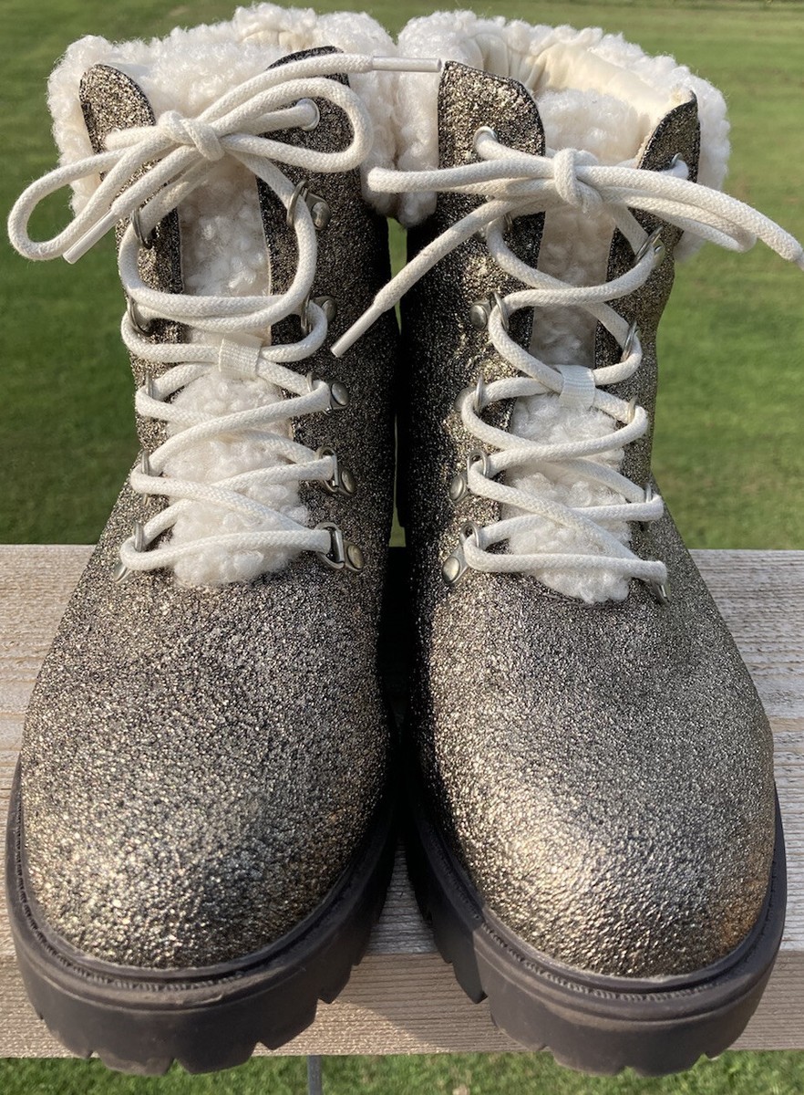 Jane Gold Glitter Hiker Boots Faux Leather Faux Fur Sz 11 GUC Worn