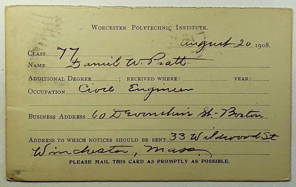 1908 Boston MA Sheridan One Cent Postcard to Worcester Polytechnic Institute MA - Image 2 of 2