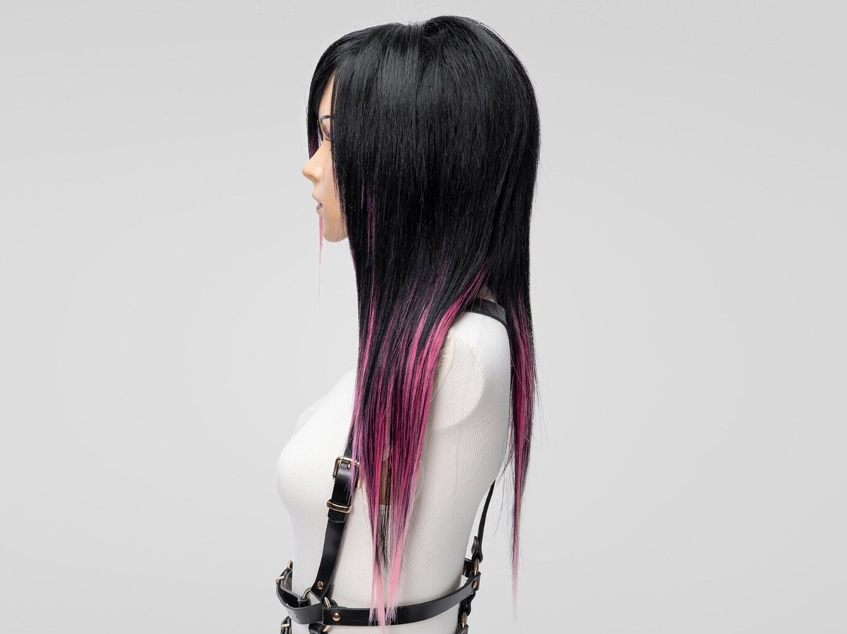 Long  EMO Wig gothic, wig  human hair mix black brown and pink. Emo Scene Wig in Black & Red, Layer Shag Wig with Side Bangs  main image 3