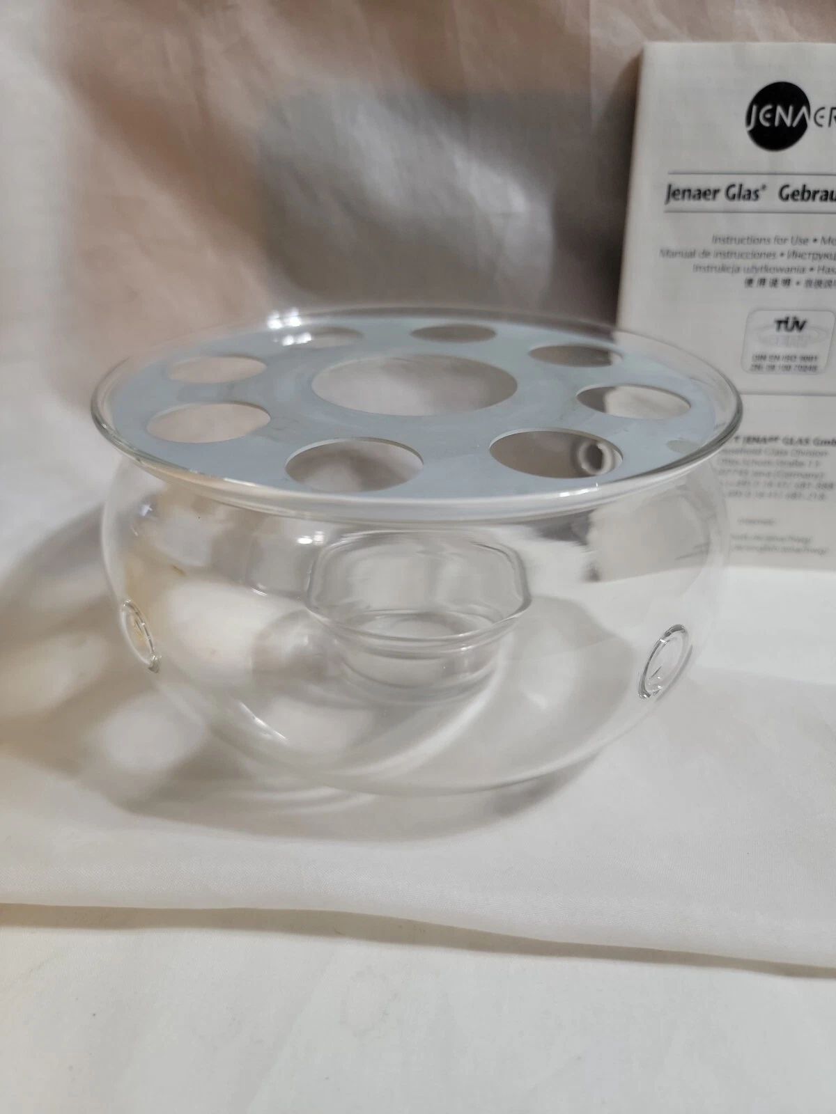 Jenaer Glas Teewarmer Glass Teapot WARMER Candle Holder EUC Metal lid